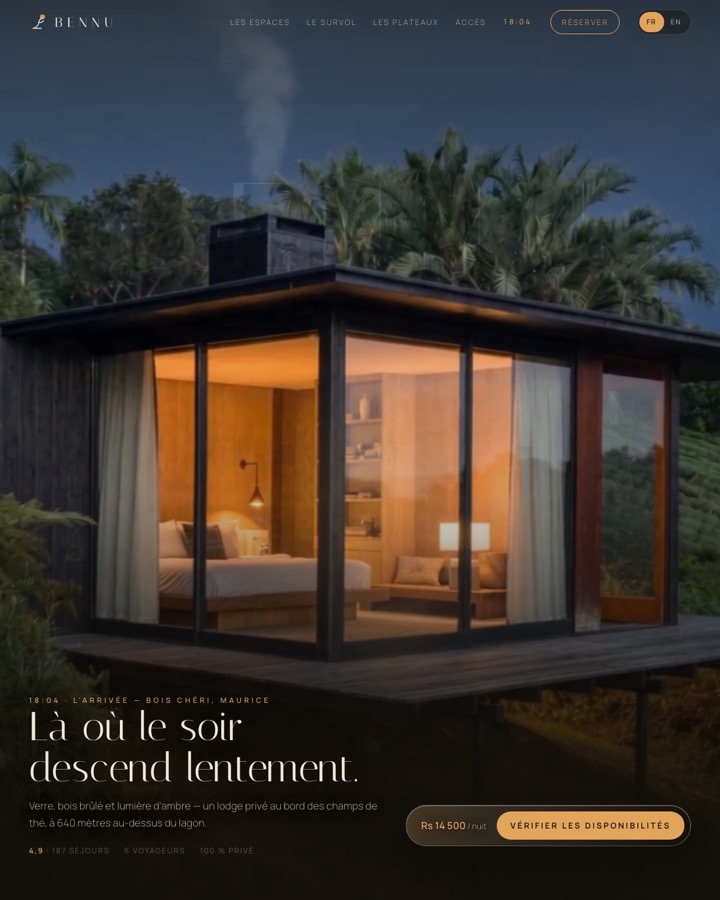 La démo Bennu — un lodge dont l'horloge court de l'arrivée à la nuit tombée
