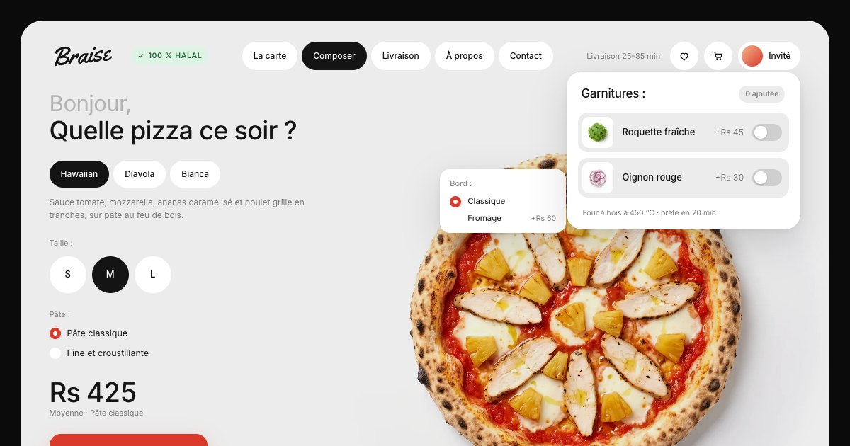 The Braise demo &mdash; a halal wood-fired pizzeria whose toppings land on the pizza as you choose them