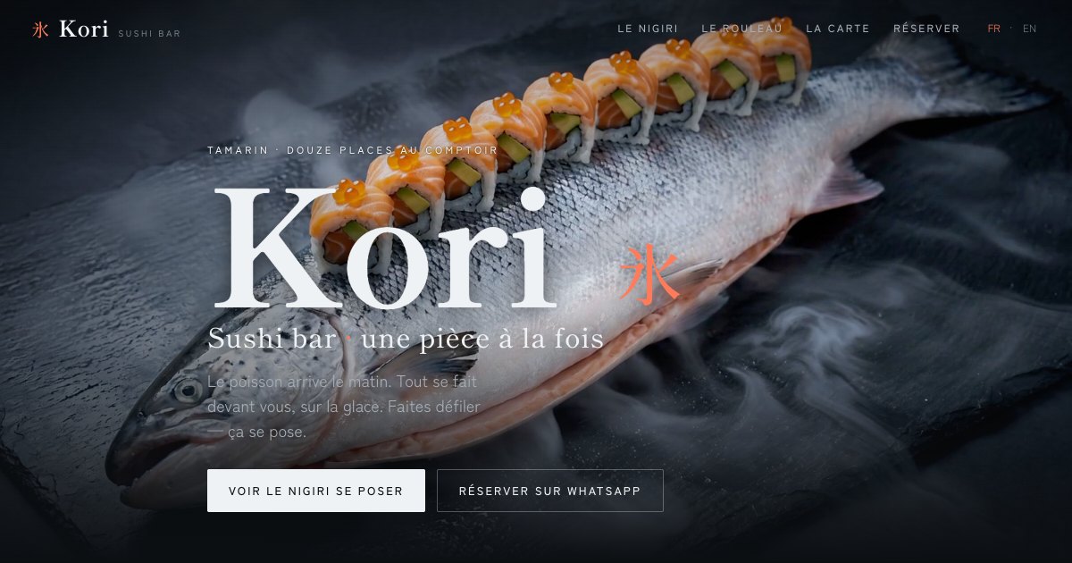 The Kori demo &mdash; a twelve-seat sushi bar where the scroll settles each piece on the slate