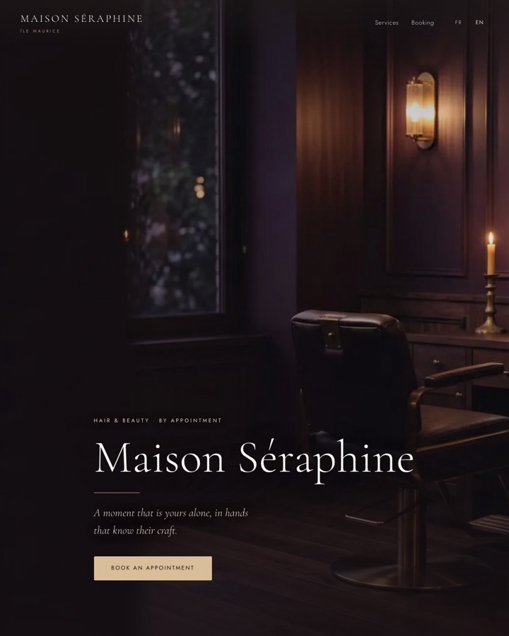 La démo Maison Séraphine — un salon qui prend ses rendez-vous jour et nuit