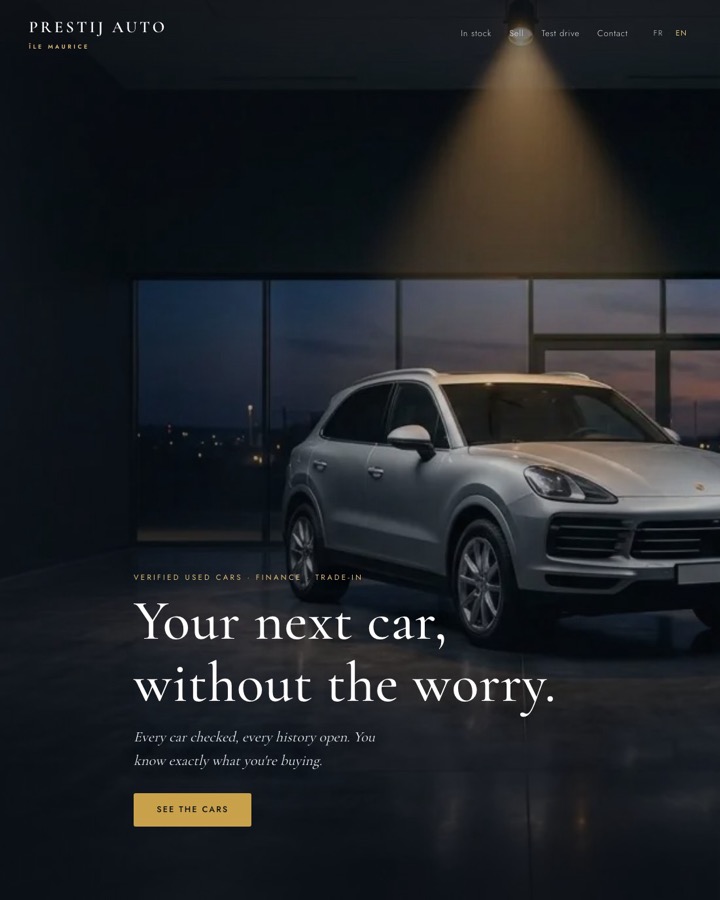 La démo Prestij Auto — un garage d'occasion qui dit la vérité