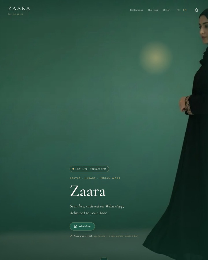 La démo Zaara — un atelier de mode modeste vu en direct, commandé sur WhatsApp